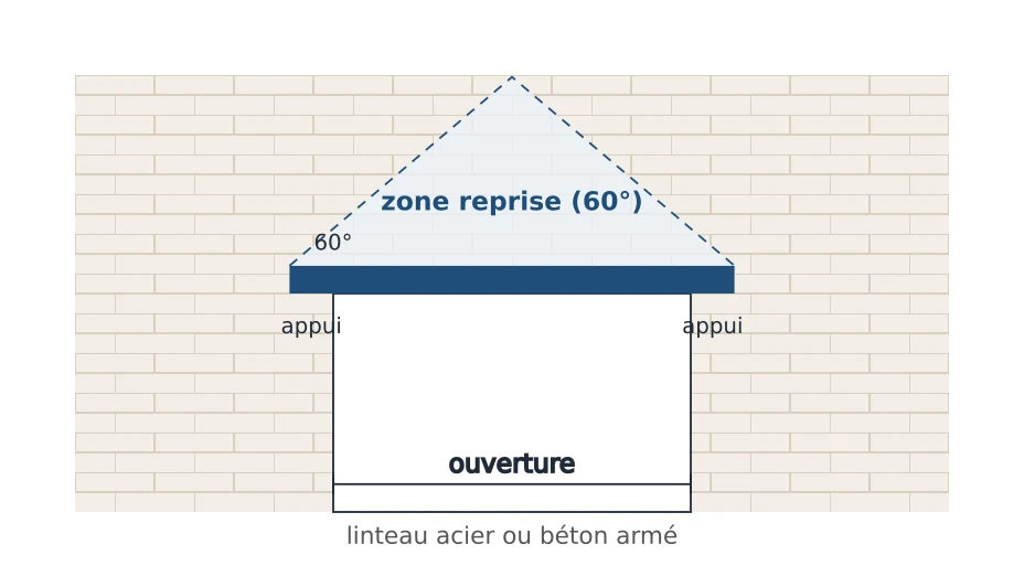 Linteau au-dessus d’une ouverture et triangle de charge à 60° dans la maçonnerie